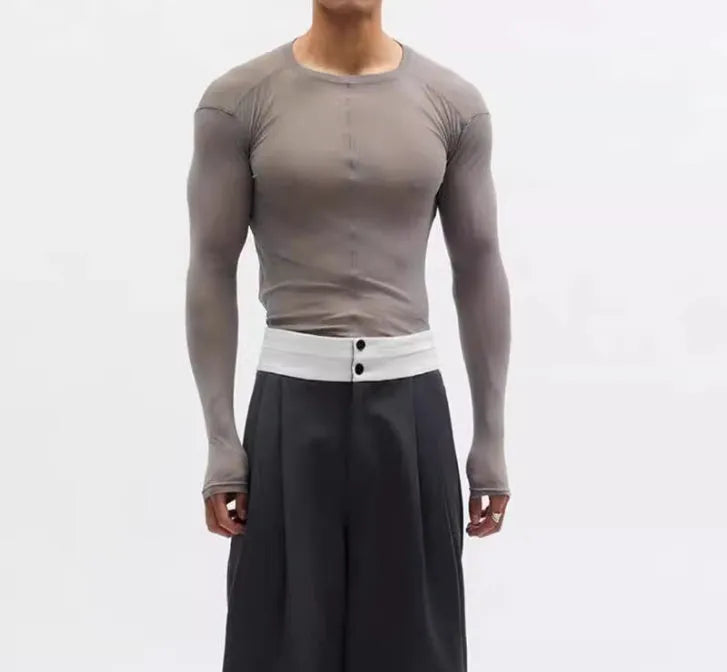 Black mesh see-through texture slim-fit pullover with long sleeves and round collar