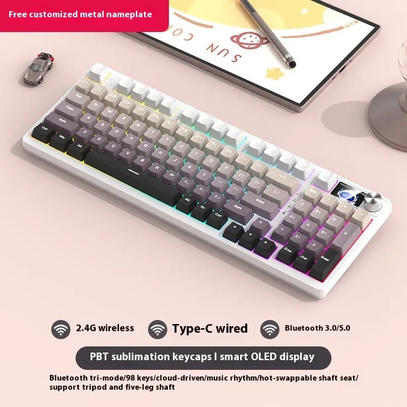 98-key wireless Bluetooth mechanical keyboard kit with metal knob and multiple colour background options
