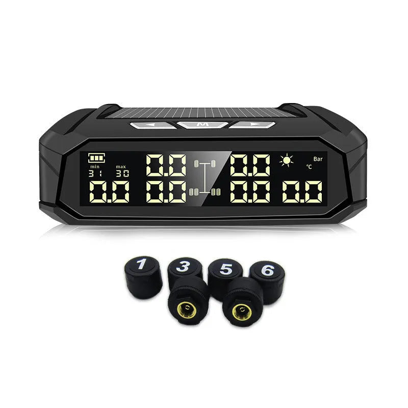 Solar external tyre pressure monitor with colour digital screen for 6-tyre vehicles