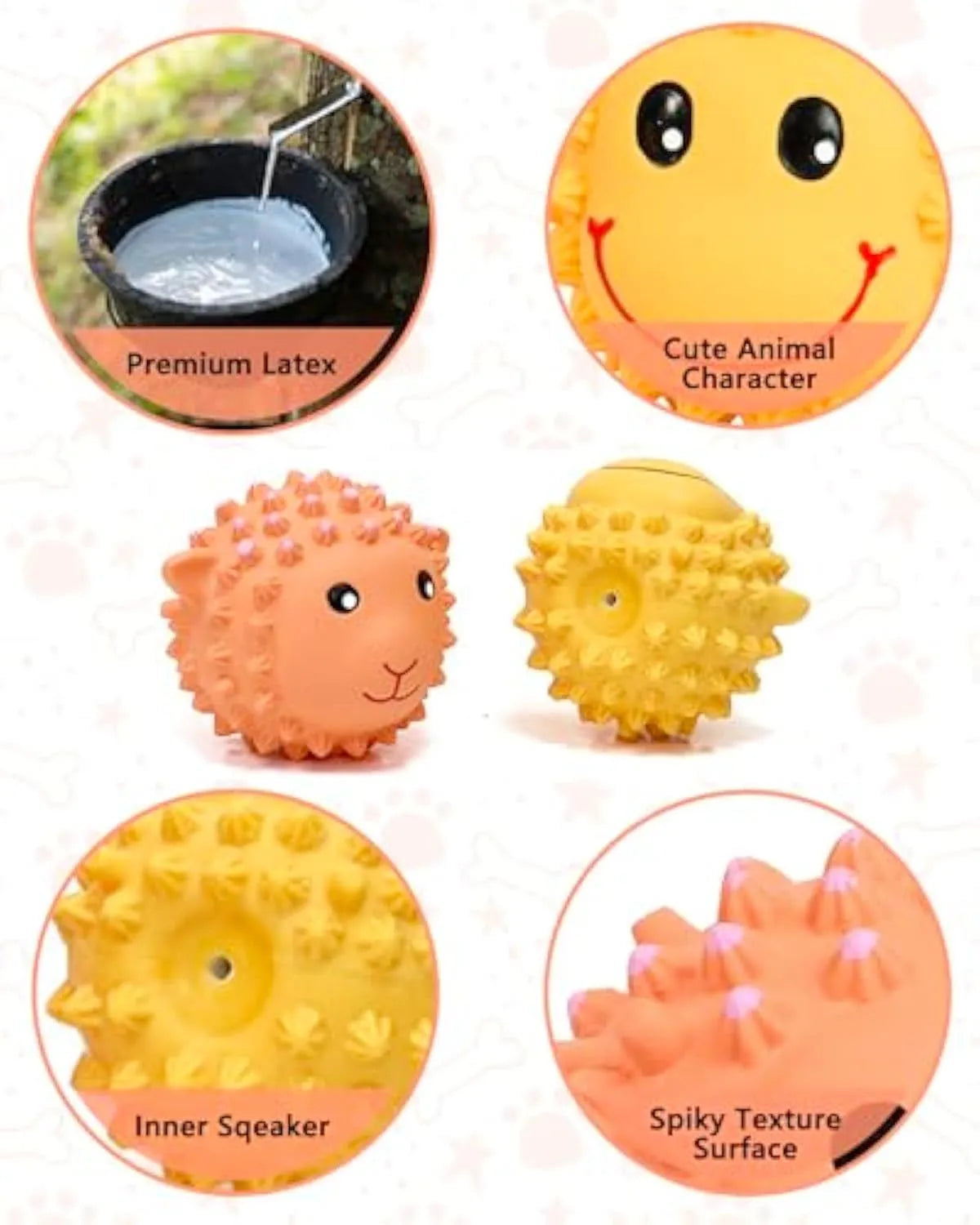 Orange and yellow spiky latex dog toy shaped like an animal with a squeaker inside