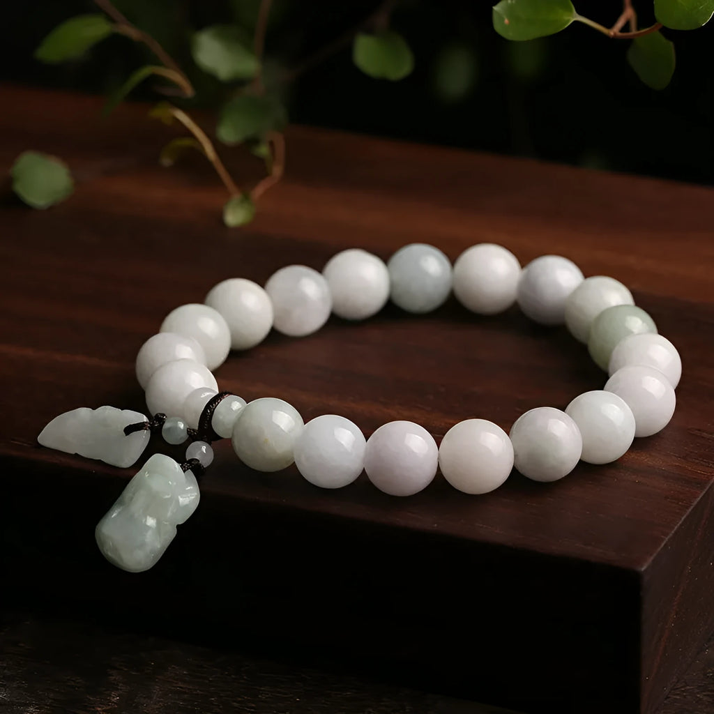 Jade geometric bracelet with hanging Maitreya Buddha pendant in multiple colour options