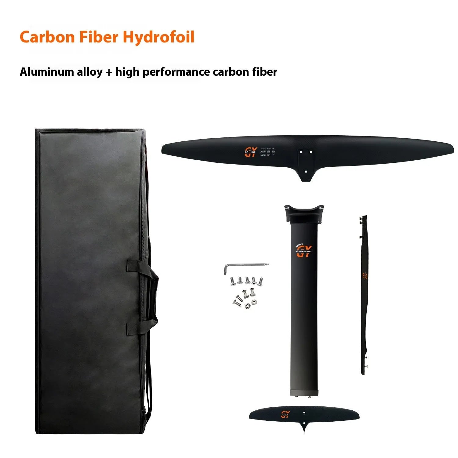 Black hydrofoil surfboard component with aluminium alloy and carbon fibre construction