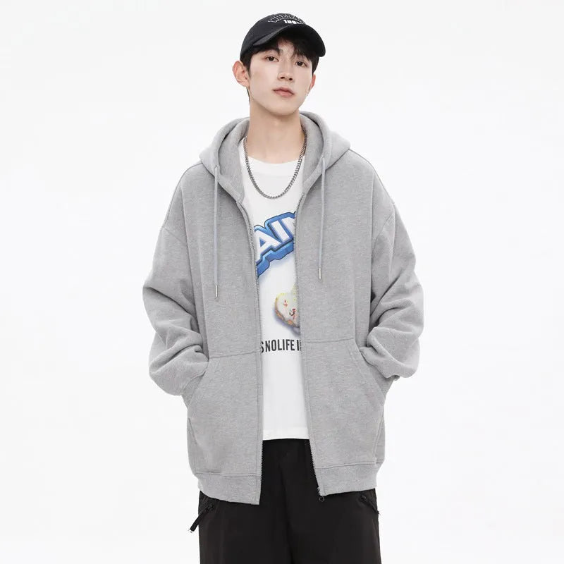 Men's solid colour hooded cardigan sweatshirt in loose fit polyester, front view