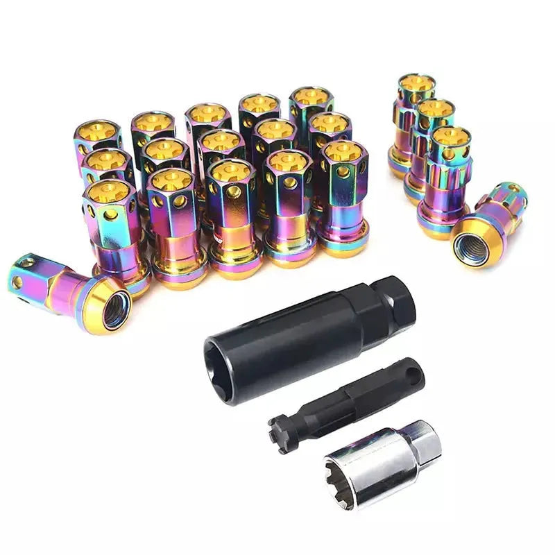 Aluminium alloy forged automobile wheel hub nut in various colours including red, gold, blue, purple, and black combinations.