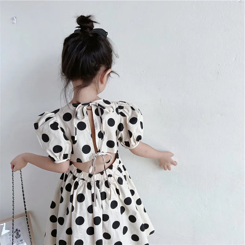 Girls' polka-dot self-tie waist cotton summer dress in graph colour with short sleeves and princess style