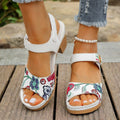 White women's high heel sandals with Velcro buckle fastening on rubber sole