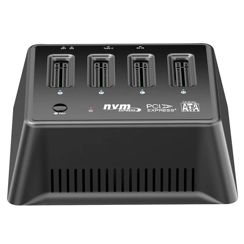 Aluminium M.2 dual protocol SSD enclosure for NVMe and SATA drives, tool-free design.