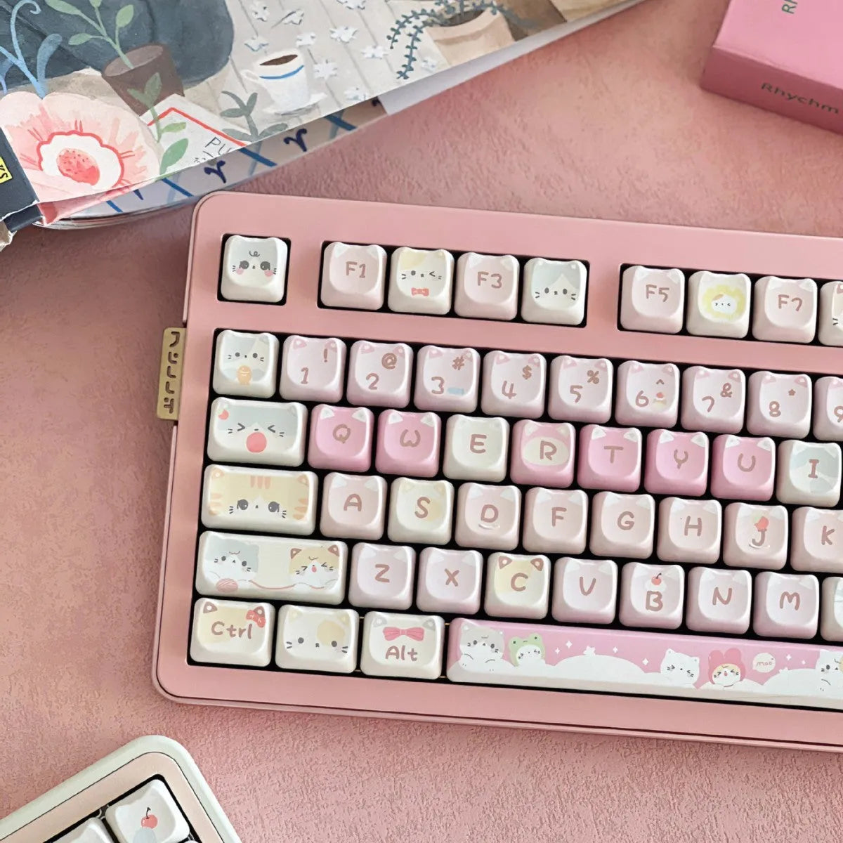 Meow Meow Team Height themed full set of 141 sublimation printed plastic keycaps for mechanical keyboards.