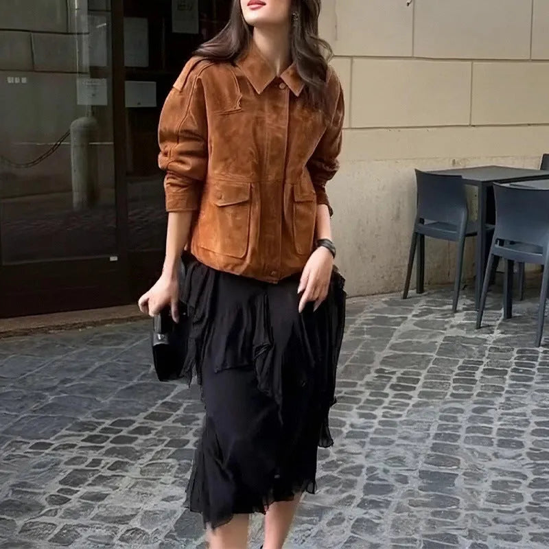 Women's brown suede coat with regular sleeves in street chic style