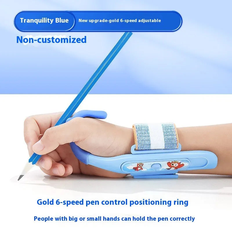 Blue Anti-hook Holder Pen Control Corrector, a wrist brace and pencil grip for children's handwriting.