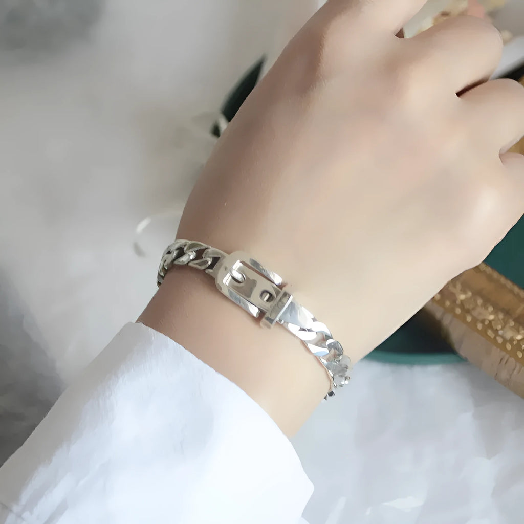 Women's 925 sterling silver geometric chain belt bracelet platinum plated 21cm length 6mm width SL0560