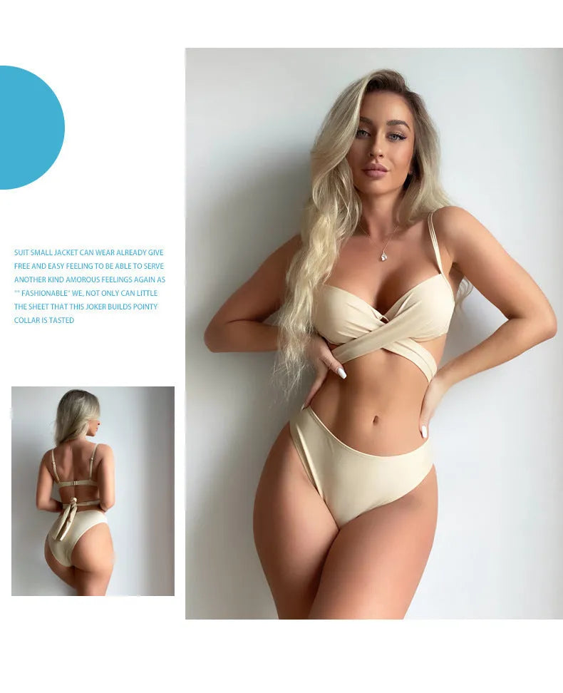 Solid colour three-piece bikini set with backless push-up top, panties, and skirt on a mannequin.