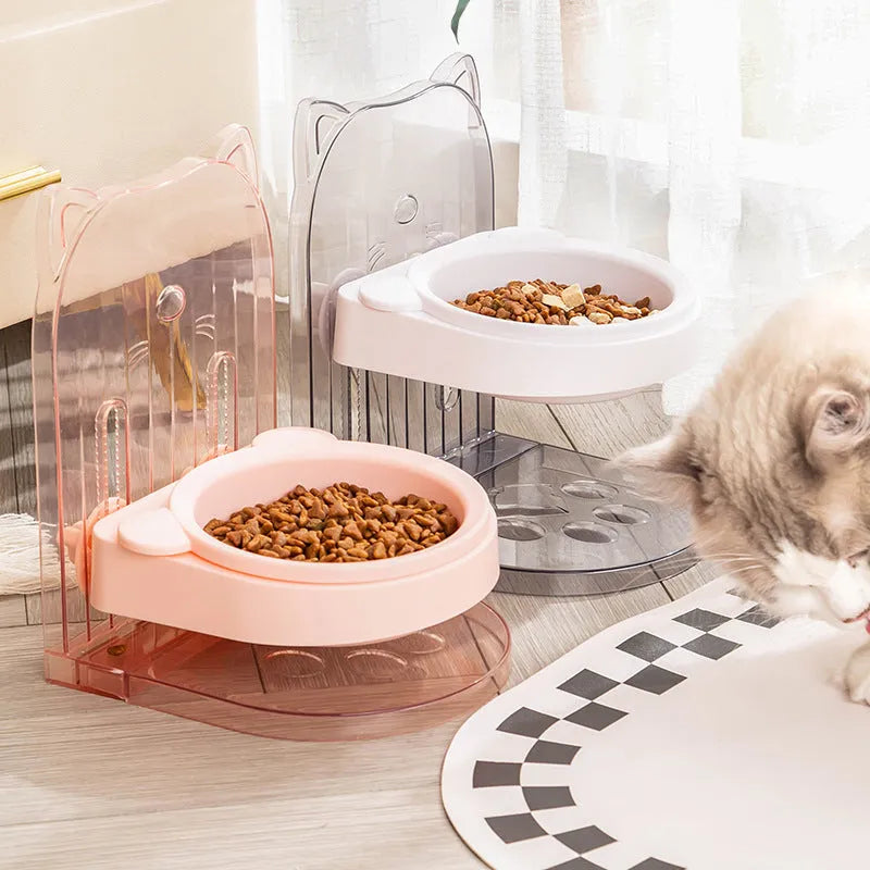 Grey cat feeding bowl with anti-spill neck guard, adjustable height, and removable cage attachment