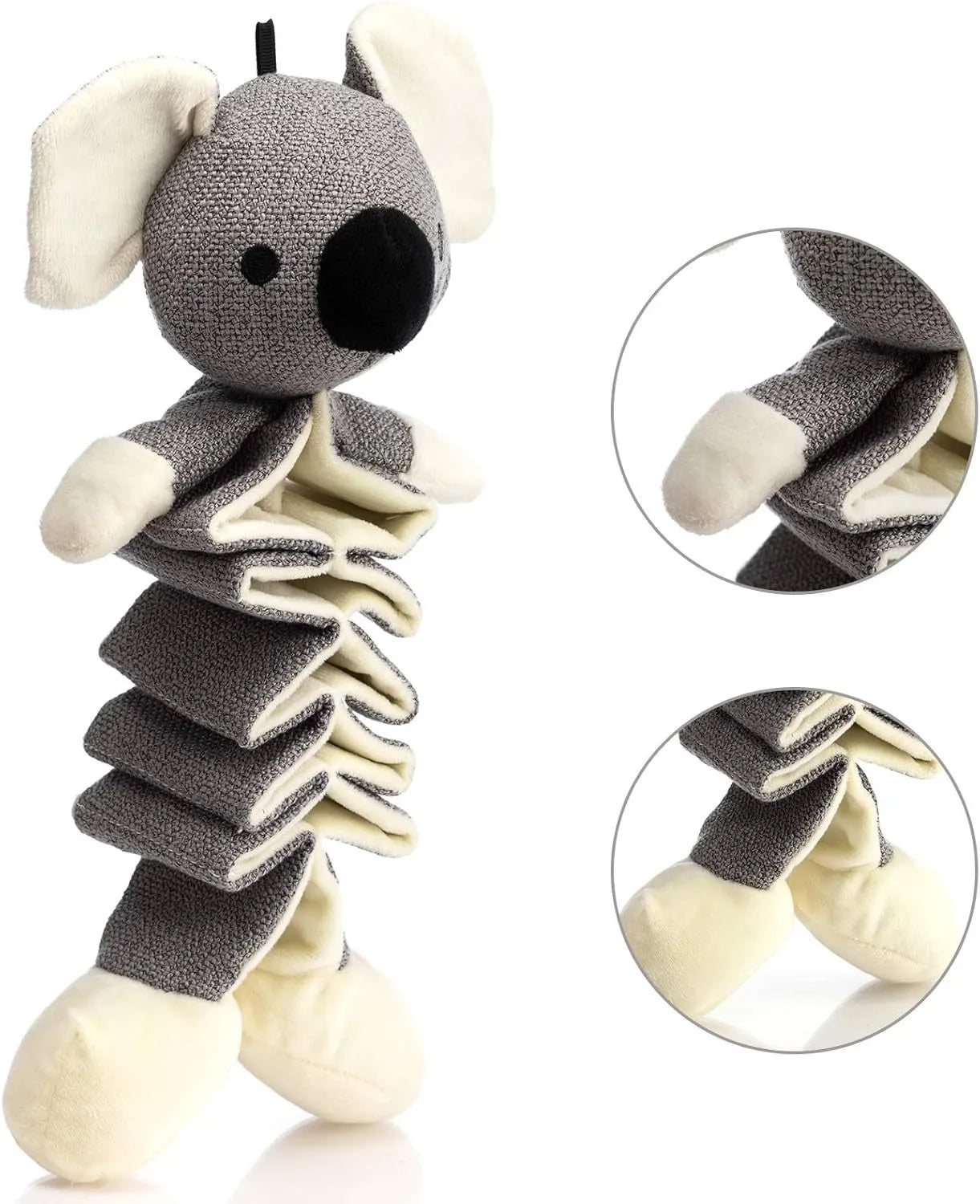 Grey koala dog toy with squeaker measuring 30cm from head to foot