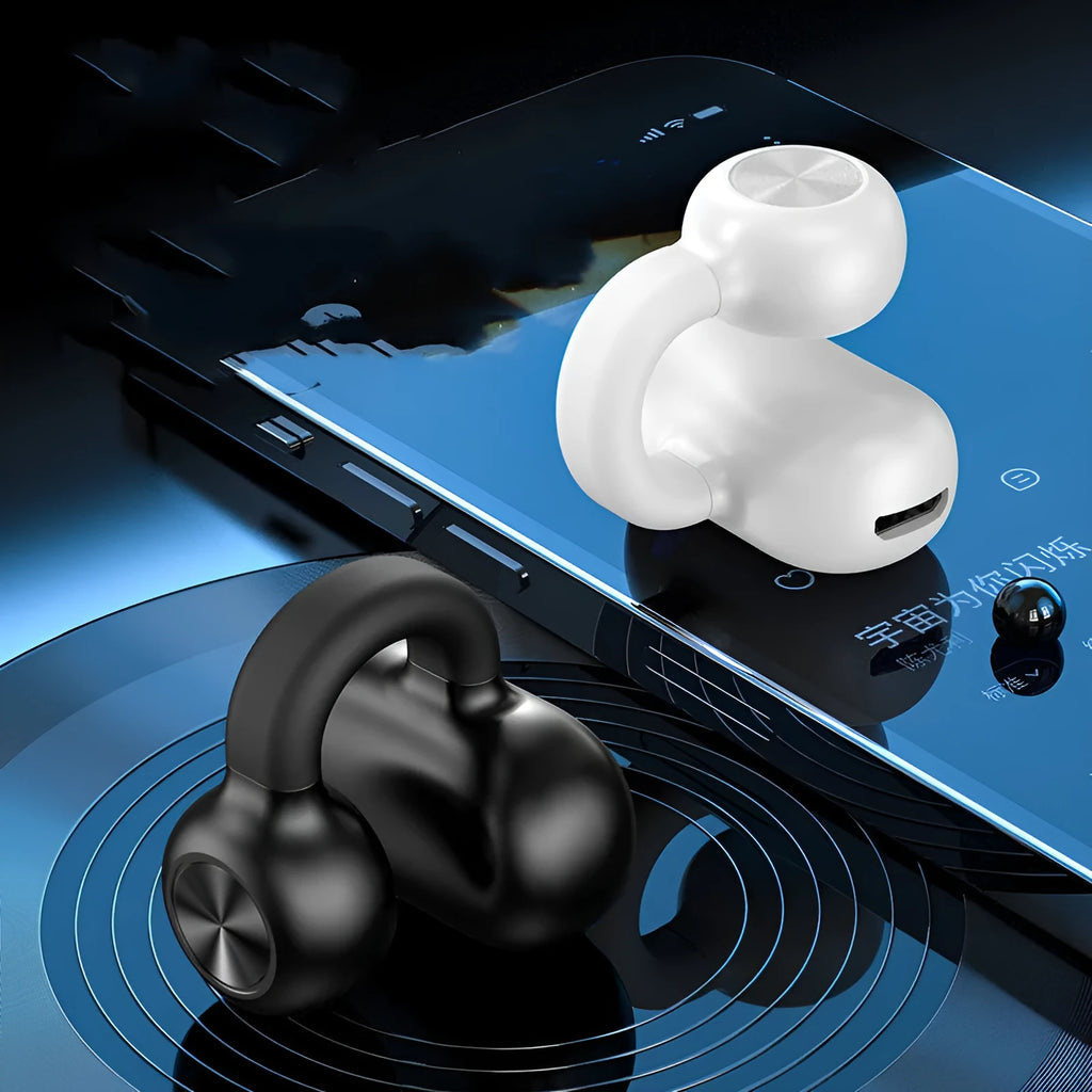 Black wireless clip-on bone conduction Bluetooth earphones with charging cable