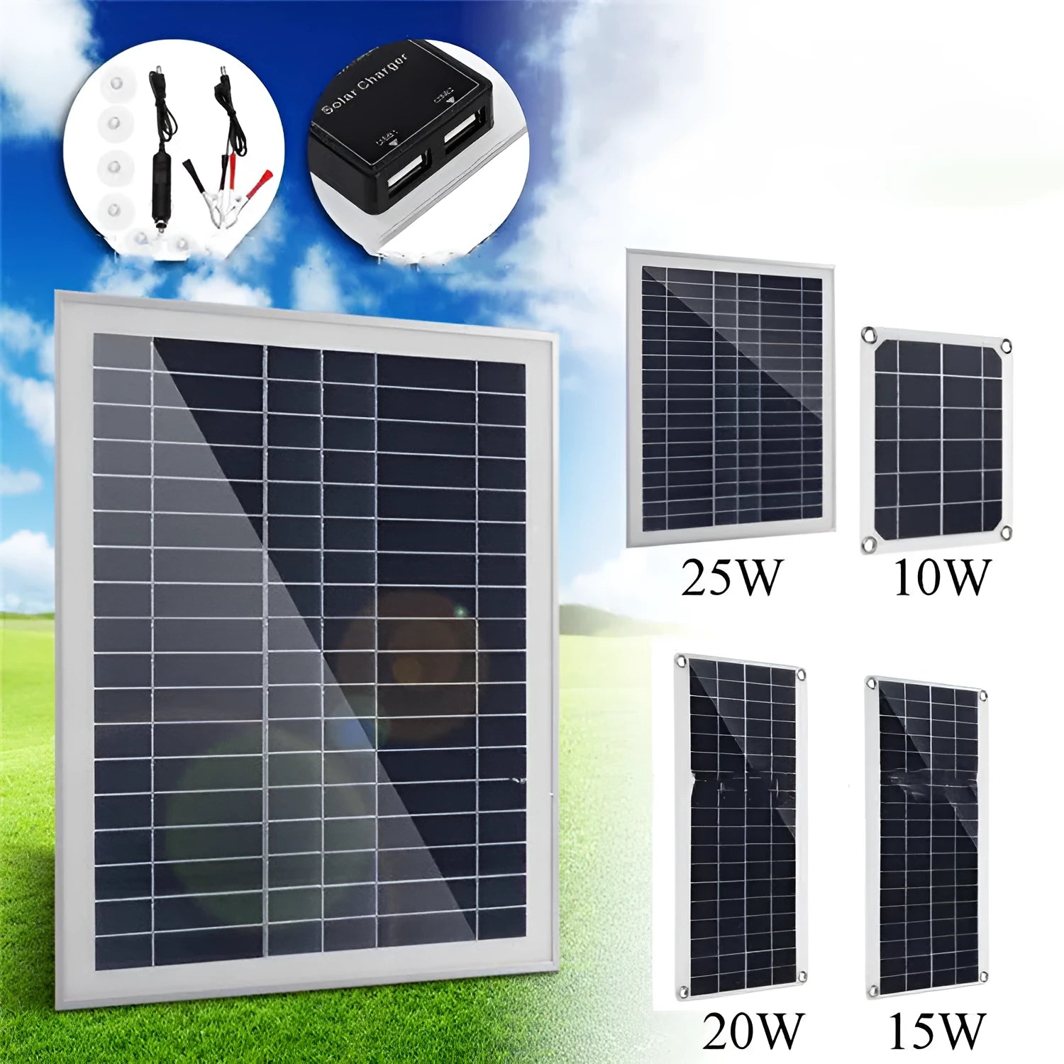 Outdoor solar panel with dual USB ports for charging mobile phones and tablets.