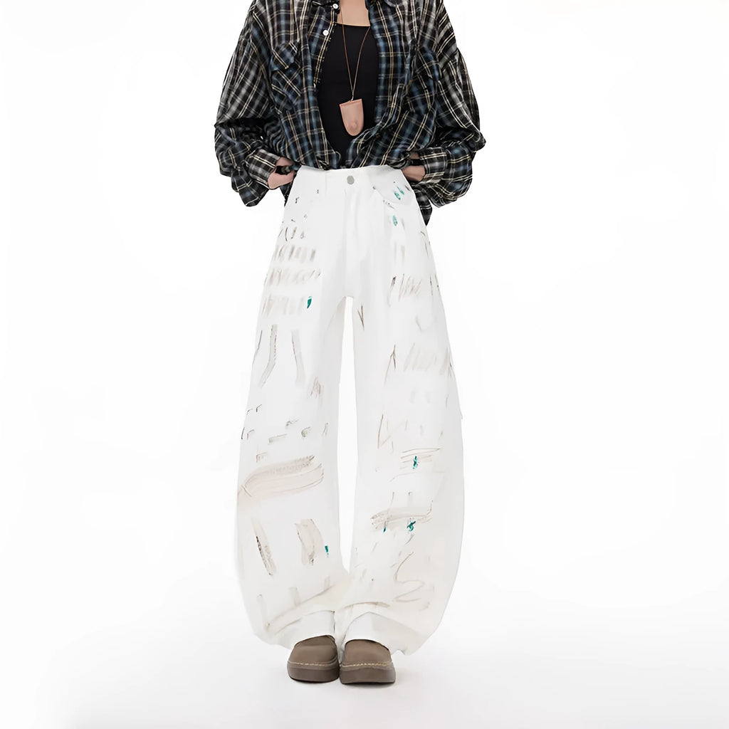 White dirty graffiti machete jeans for women straight leg mid-rise non-stretch denim cotton