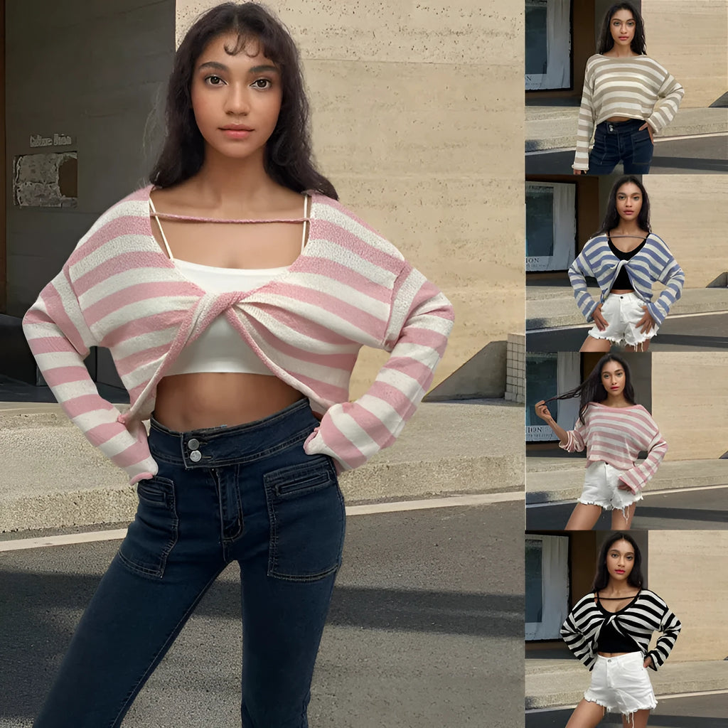 Women's striped long sleeve sweater in mercerised cotton with front and back wearable design