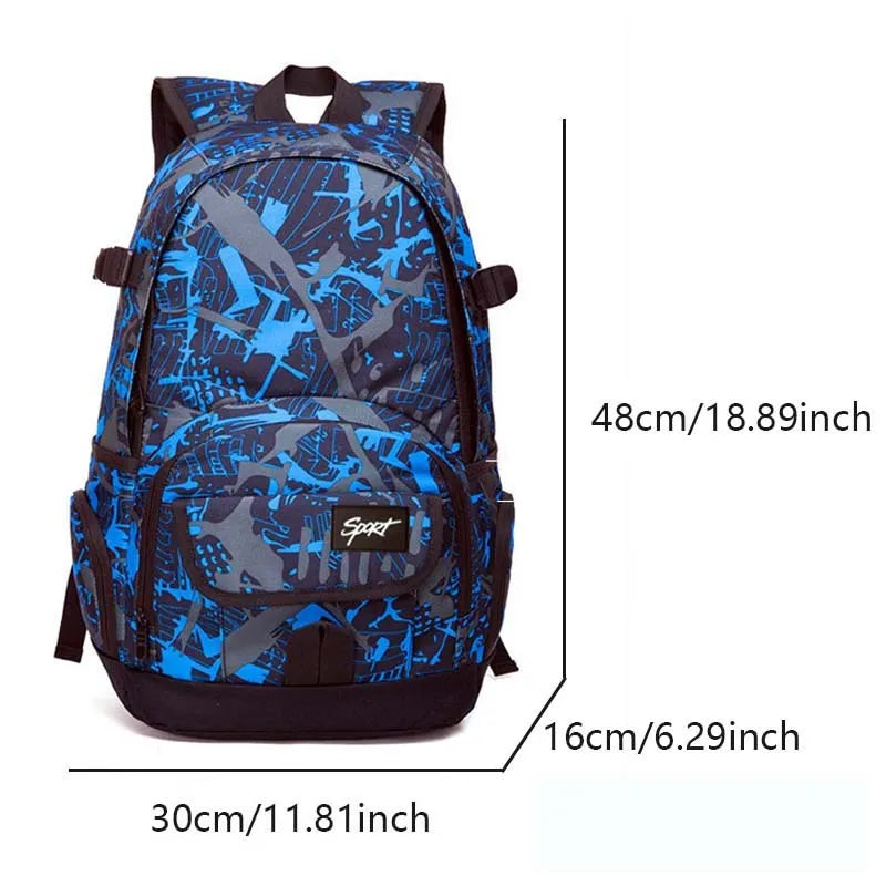 Classic blue nylon backpack with large main compartment, shown front view.