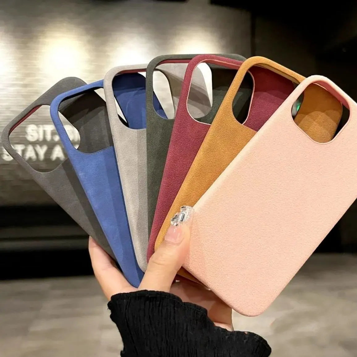 Suede phone case for iPhone, shockproof imitation leather cover with frosted finish, solid colour options