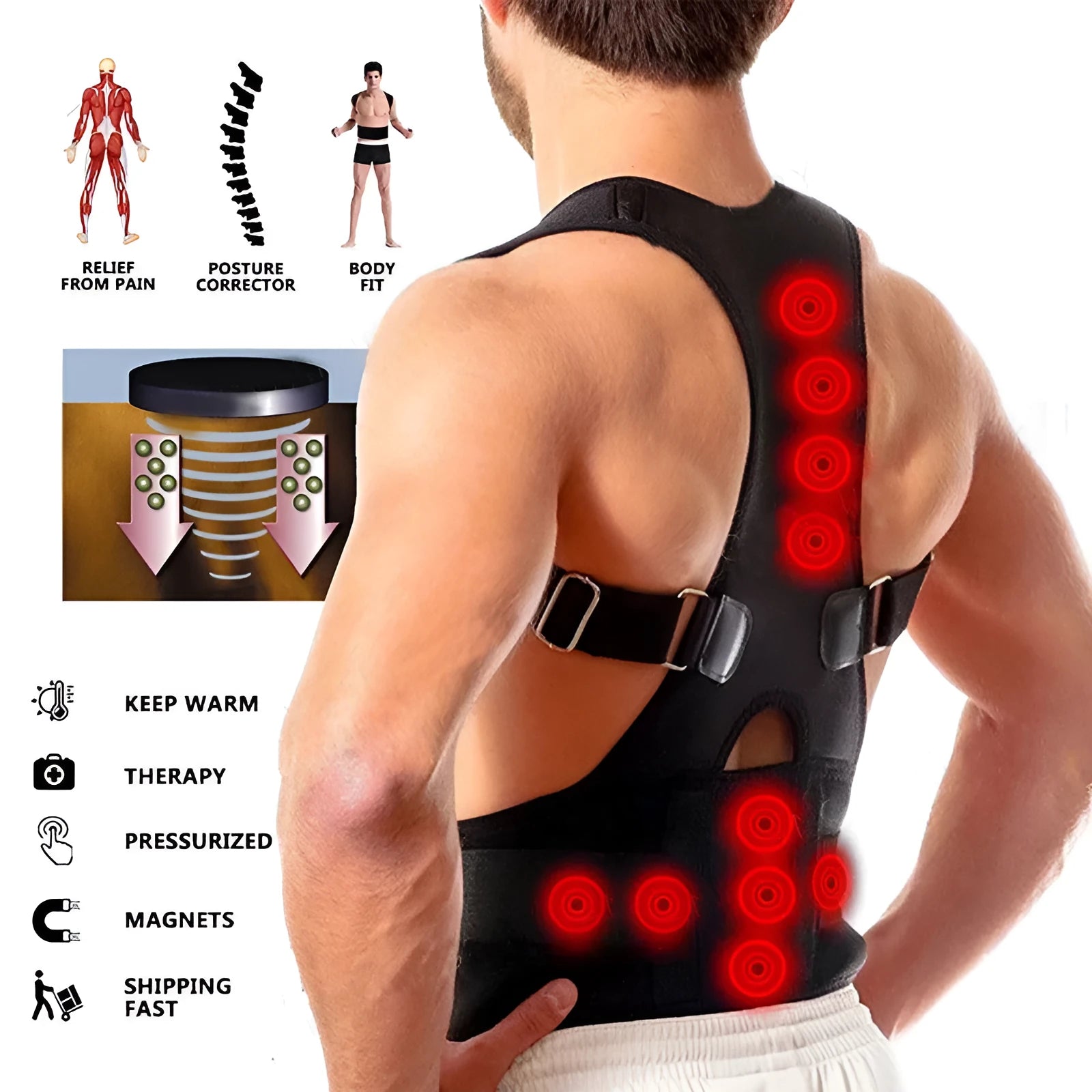 Kyphotone back posture corrector shoulder straight strap black waist support belt