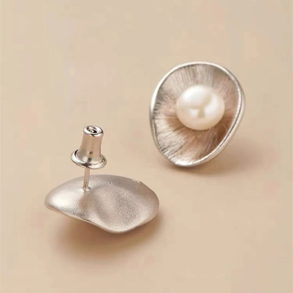 Pearl sterling silver needle earrings with geometric freshwater pearl charms on 925 silver posts