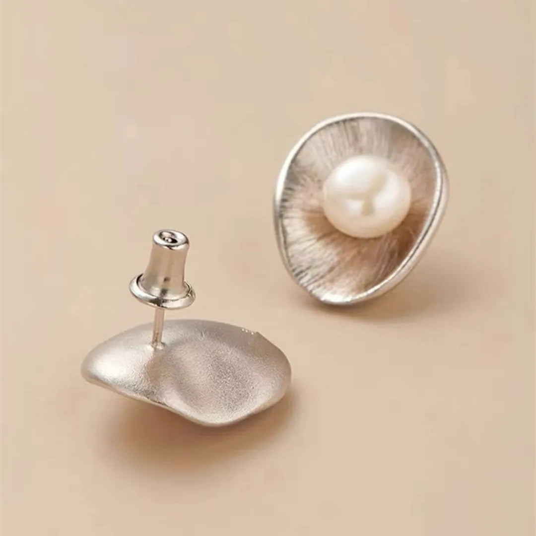 Pearl sterling silver needle earrings with geometric freshwater pearl charms on 925 silver posts