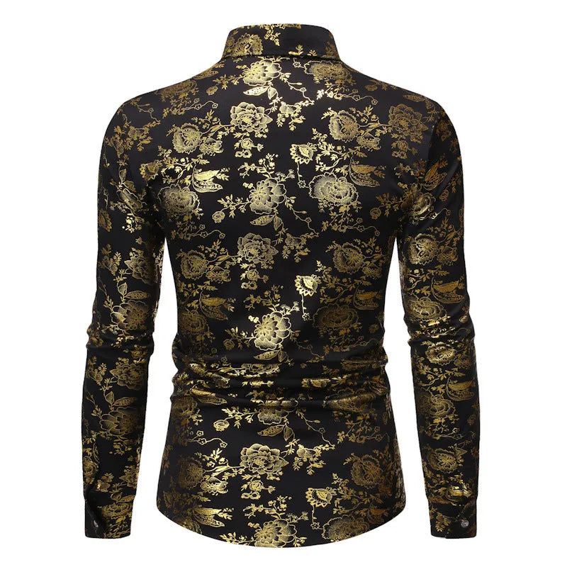 Men's casual shirt with bronzing digital print and metallic lapel details on polyester fabric.