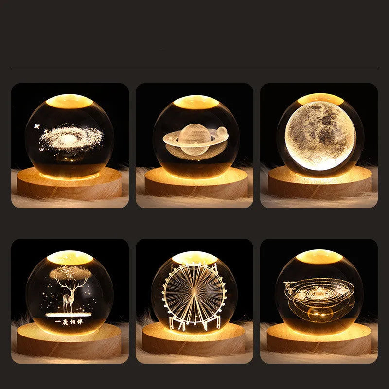 3D crystal ball night lamp with starry sky planets and moon projection on wooden base