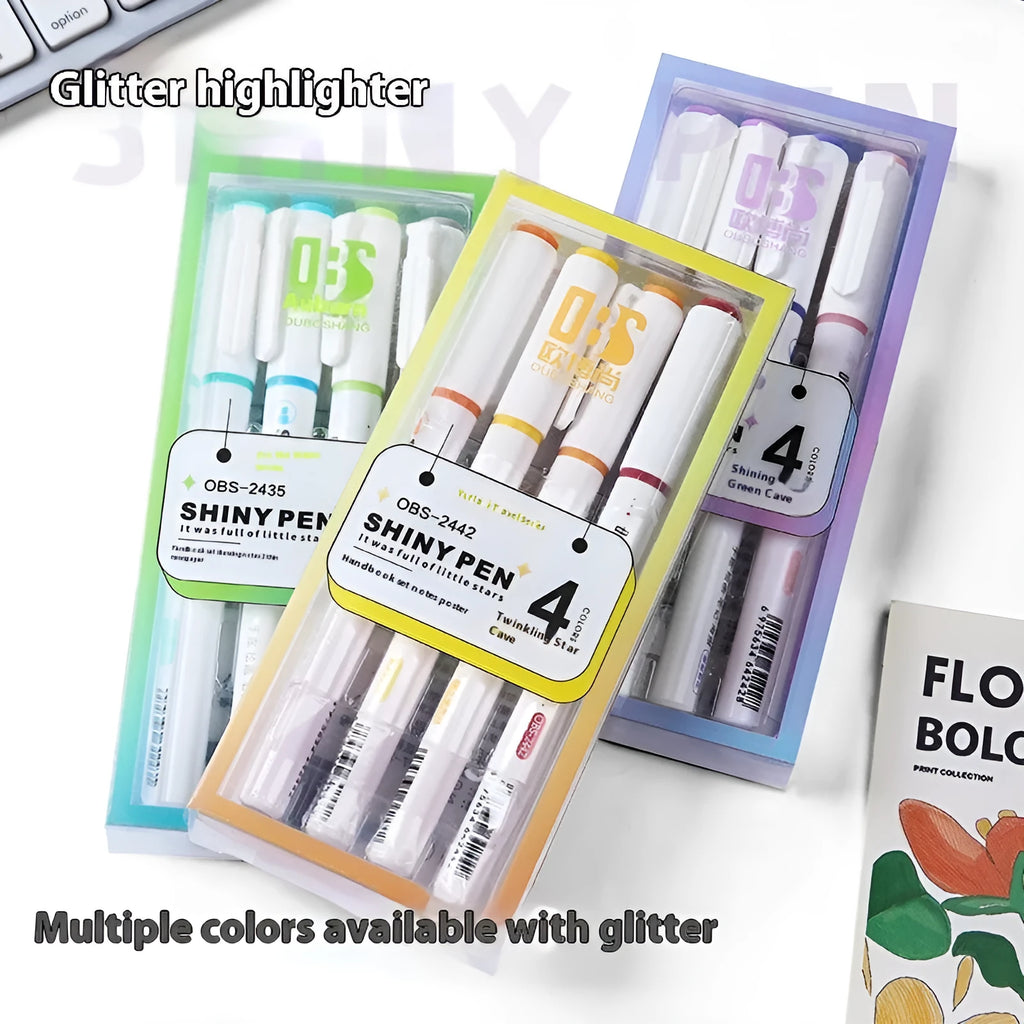 Four glitter fluorescent highlighter pens with slanted tips in pastel colours including taro puff and mung bean smoothie