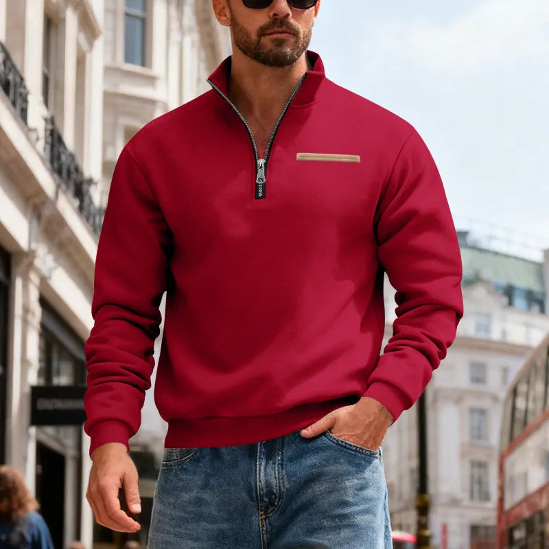 Men's loose fit sport sweatshirt with stand collar and contrast stripes in army green colour