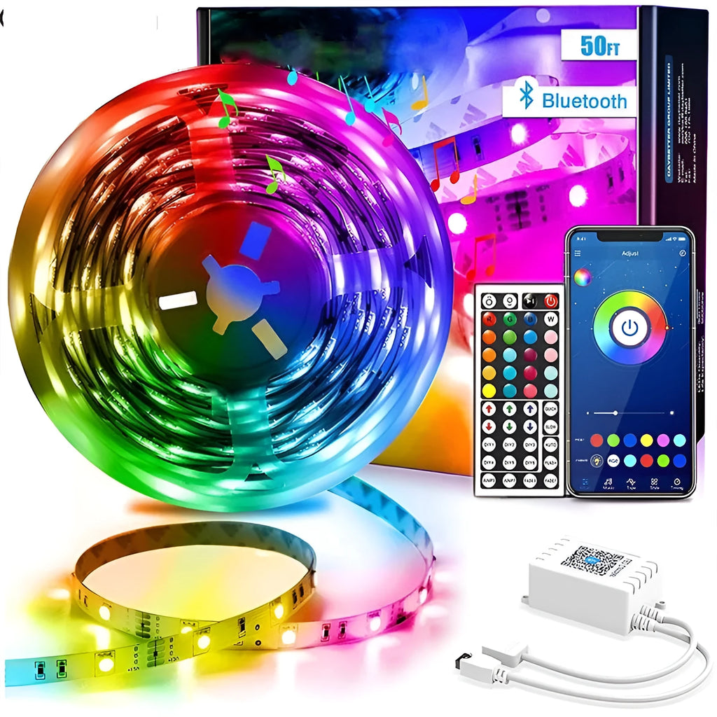 Bluetooth-controlled RGB LED strip light with remote and smartphone app
