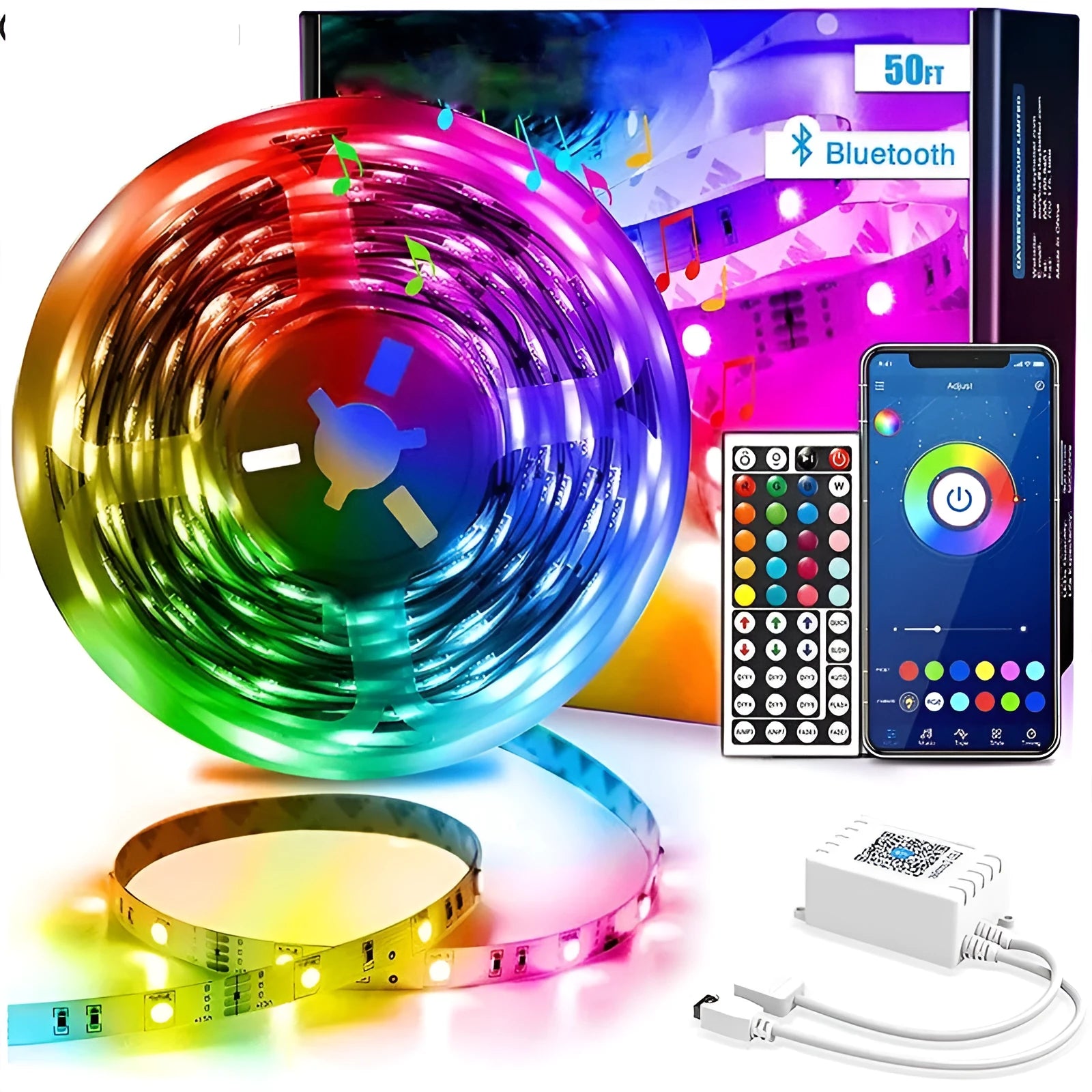Bluetooth-controlled RGB LED strip light with remote and smartphone app