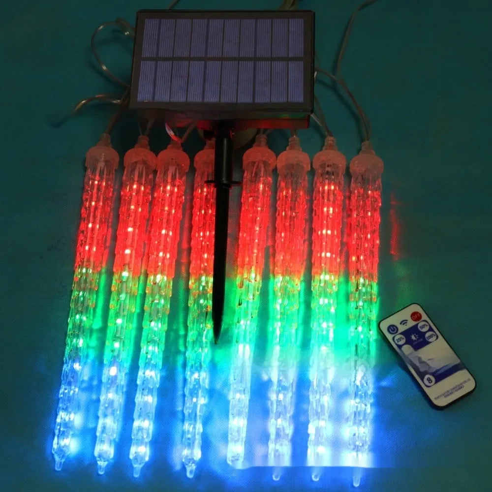Solar-powered ice cone shaped meteor shower LED festoon lamp for outdoor garden lighting.