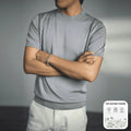 Men's solid colour knitted T-shirt with round neck and short sleeves on a hanger.