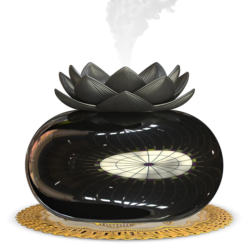 Pure black round Lotus aromatherapy humidifier with USB port and ceramic finish.