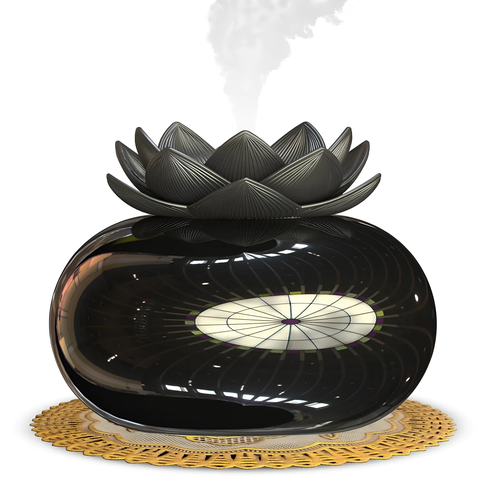 Pure black round Lotus aromatherapy humidifier with USB port and ceramic finish.