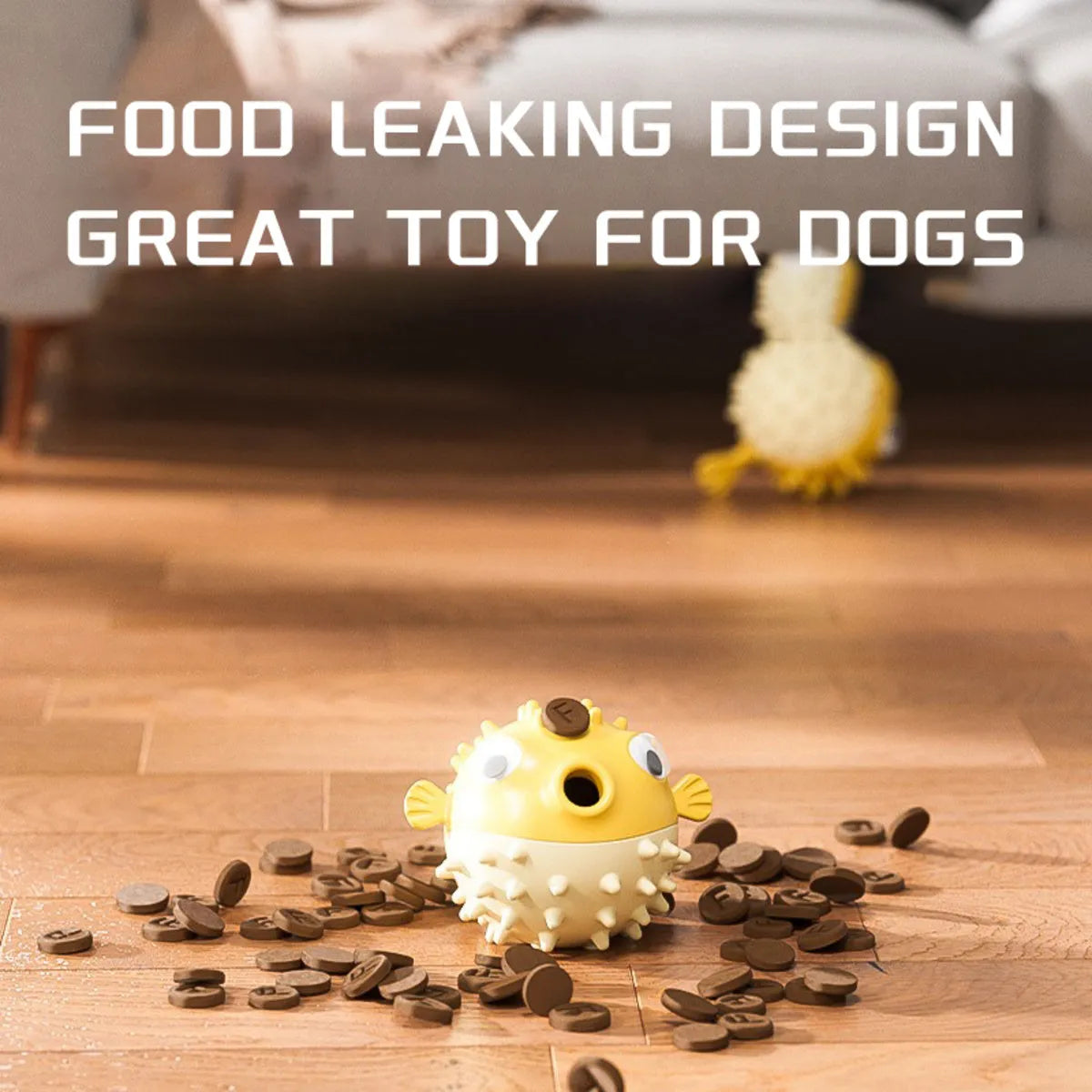 Yellow fish-shaped dog chew toy with textured surface and squeaker function