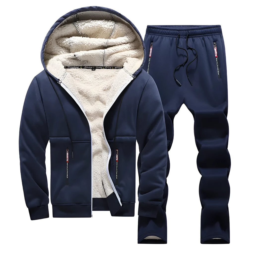 Fleece-lined thickened men's tracksuit in dark gray with hooded top and long trousers