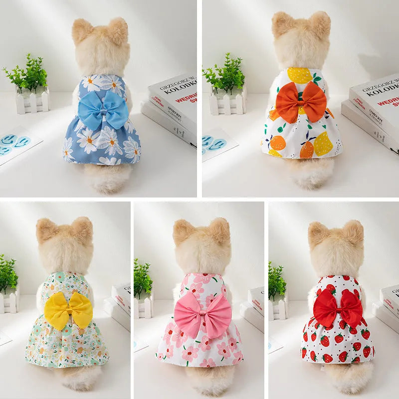 Ultra-thin polyester pet dress with floral butterfly knot and bow decoration for dogs and cats