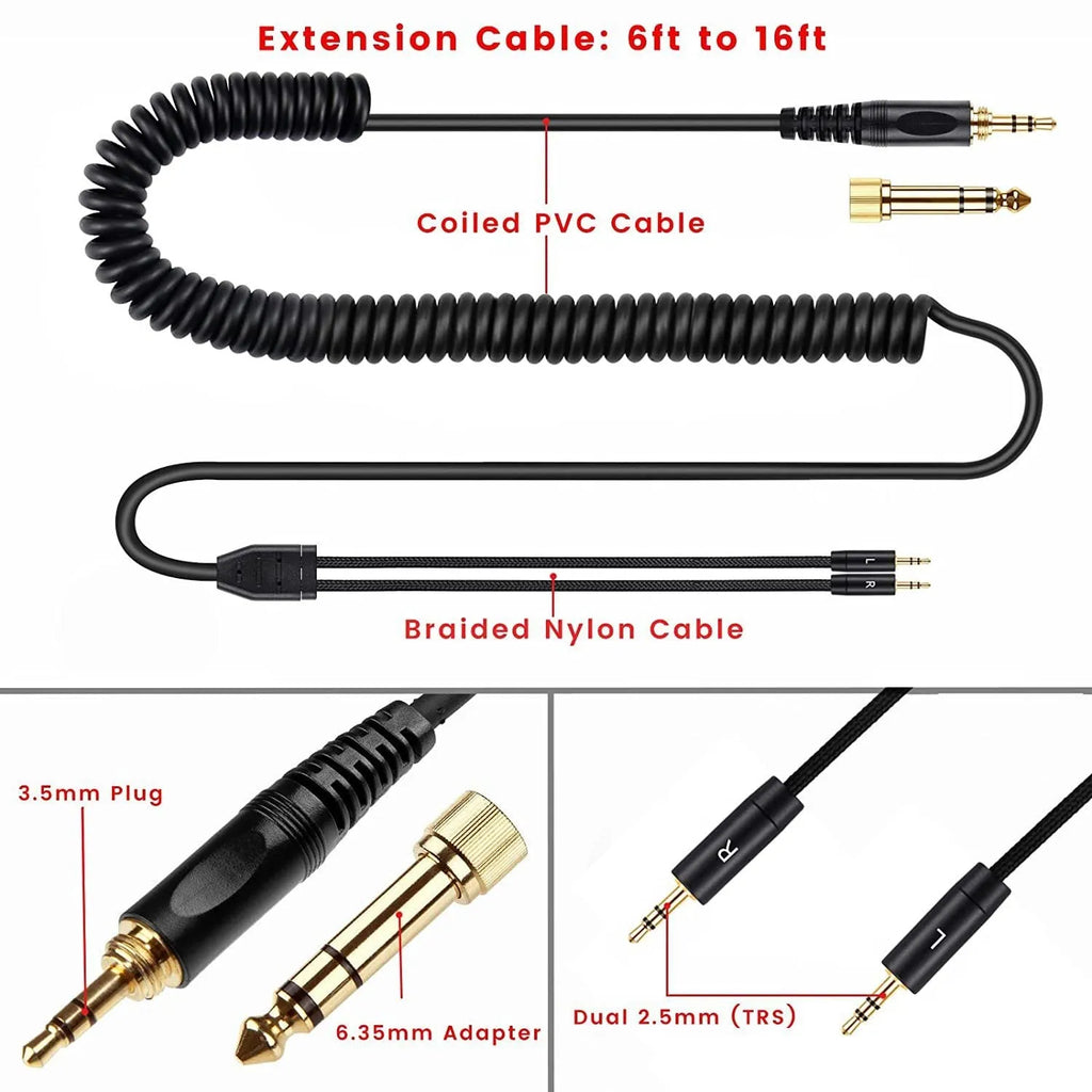 Black replacement headphone cable 1.8m with dual 25mm plugs for HE400i He560