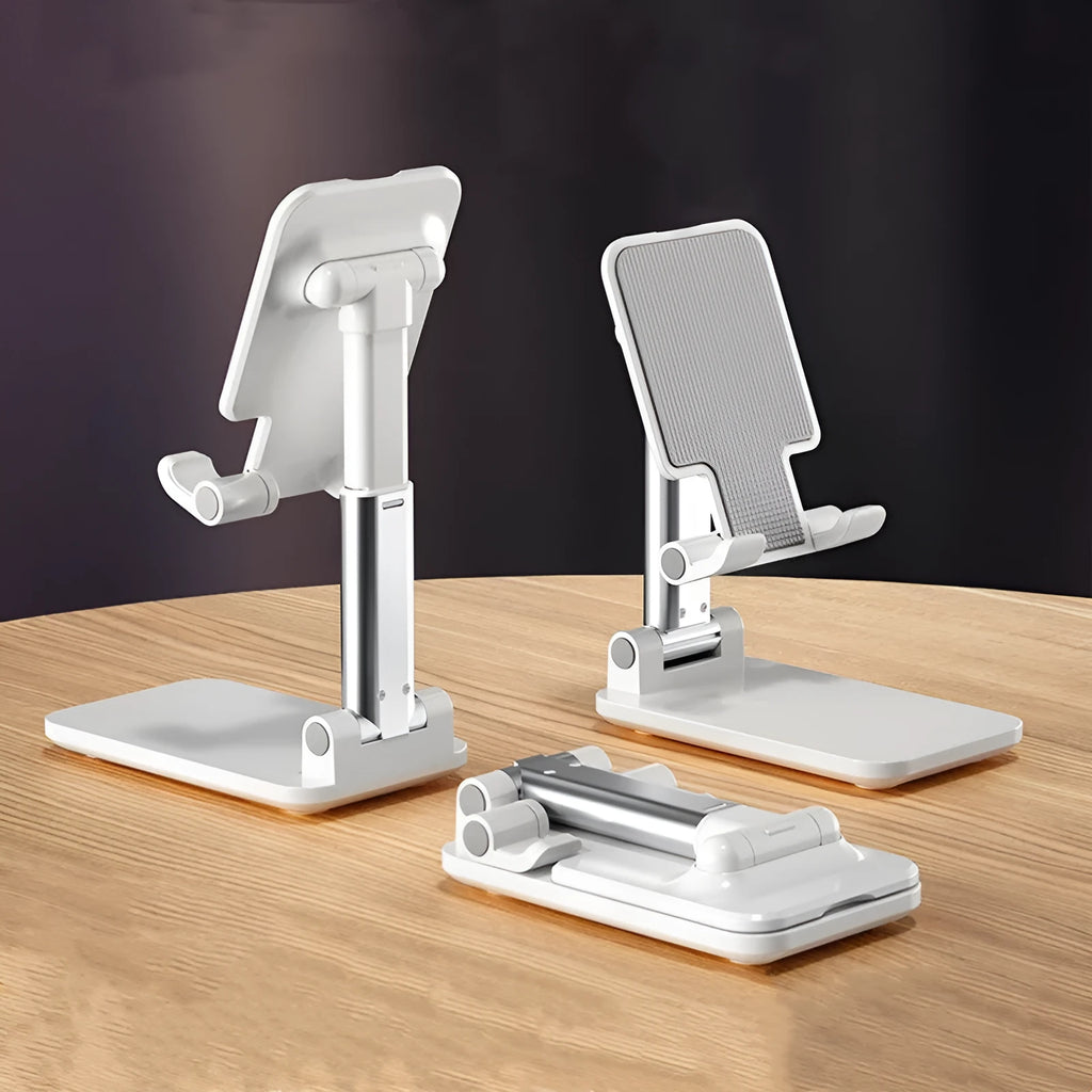 Live Selfie folding telescopic mobile phone bracket in white with silicone pad on desktop