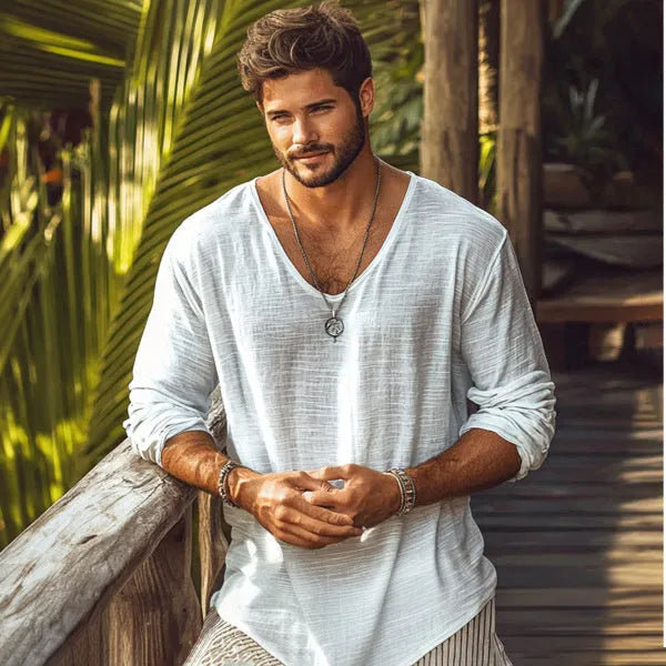 Beige men's slim-fit V-neck long-sleeved t-shirt made from hemp blend fabric