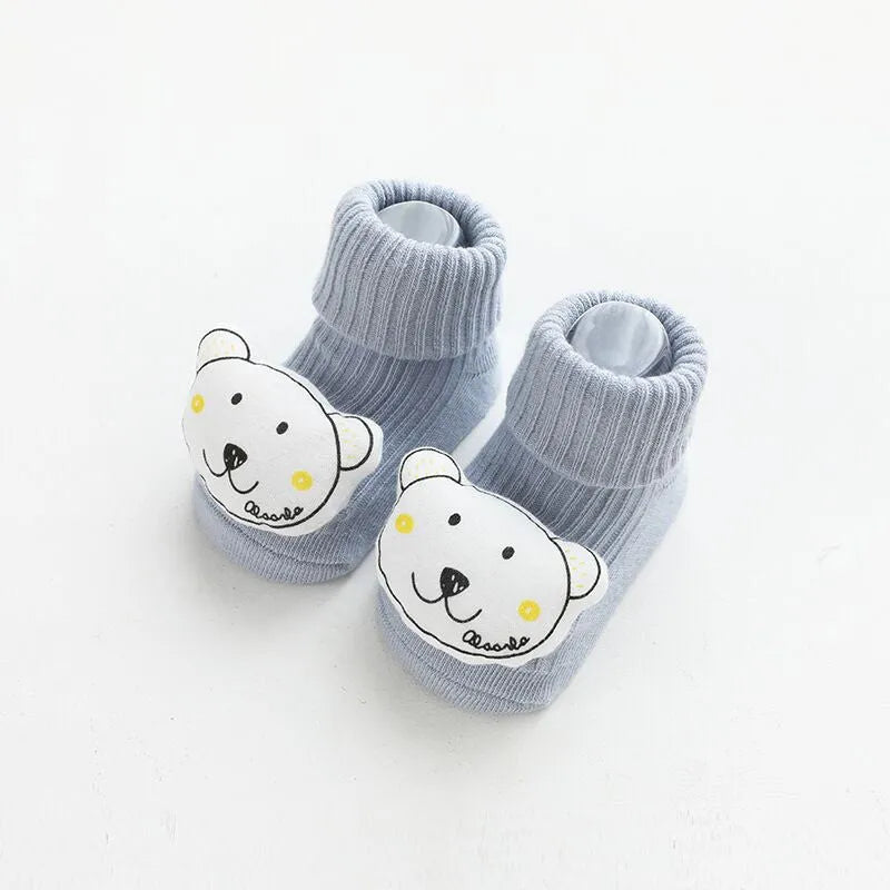 Baby non-slip socks with glue print sole in blue white bear colour, loose fit combed cotton middle tube