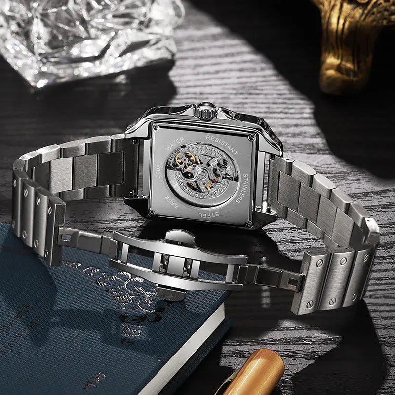 Men's square automatic watch with diamond studs on black leather strap
