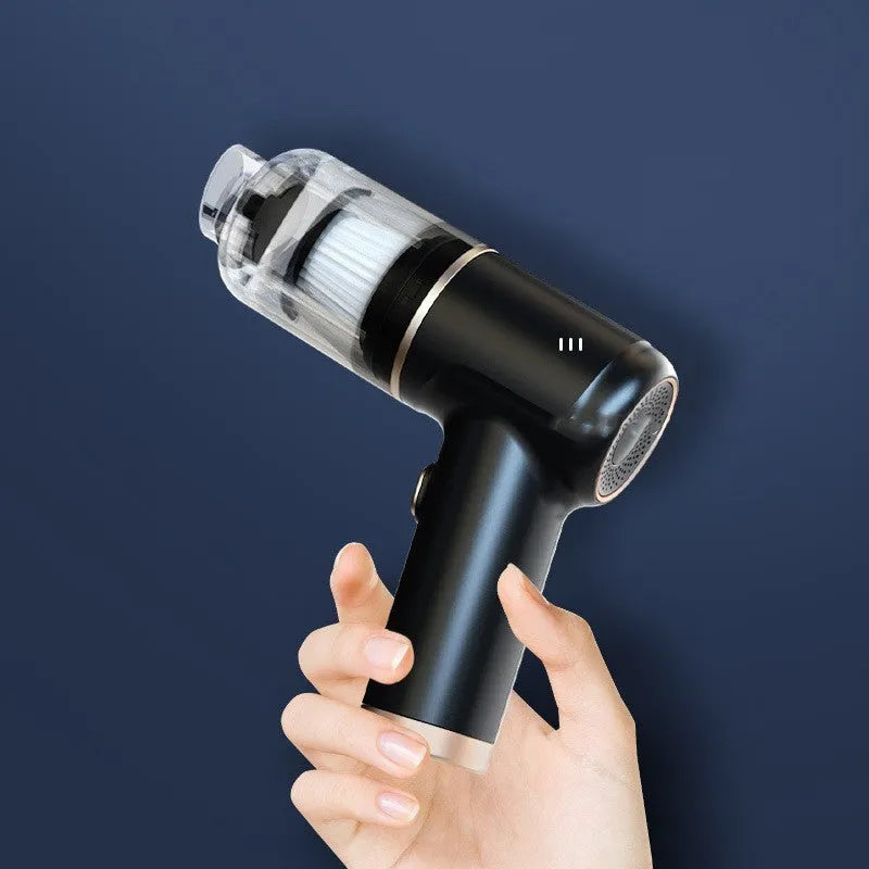 Black wireless handheld car vacuum cleaner with multiple nozzle attachments and USB charging cable