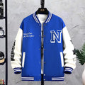 Men's letter print colour block jacket loose fit round neck button front casual coat black