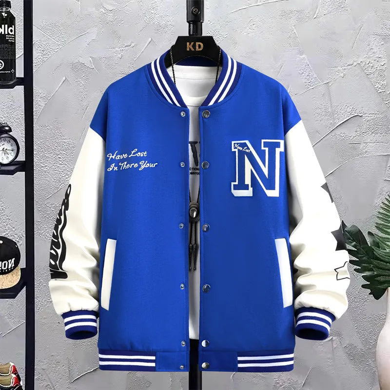Men's letter print colour block jacket loose fit round neck button front casual coat black