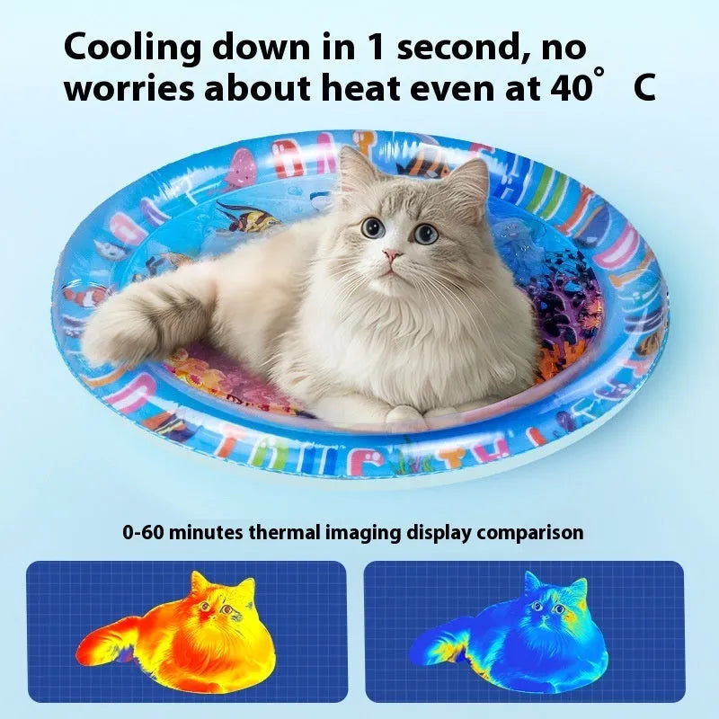 PVC inflatable water cooling mat for cats with shark design on blue background