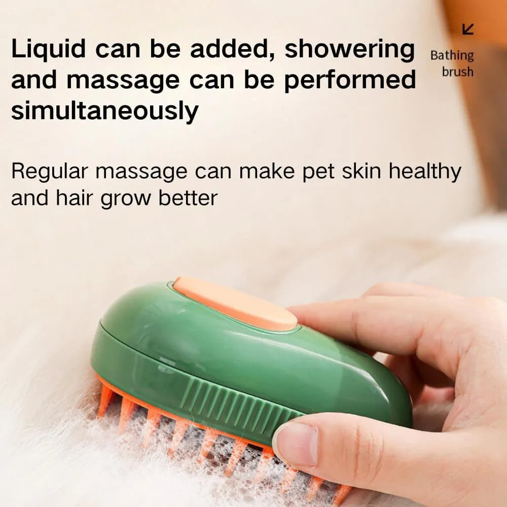Green and white cat steam brush with water spray feature and silicone teeth for pet grooming